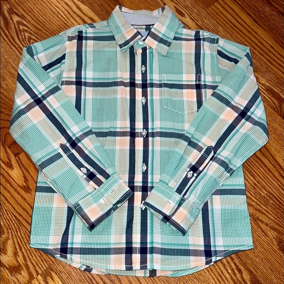 JK boys size 7 modern plaid button up shirt. colors:  turquoise, orange & navy - Picture 1 of 6